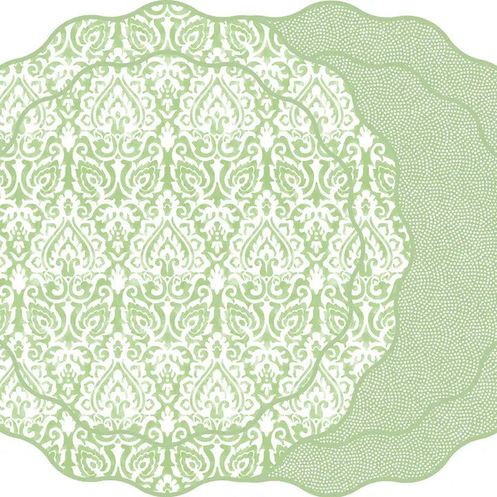 Damask & Dot Fan Two Sided Scalloped: Grass Green