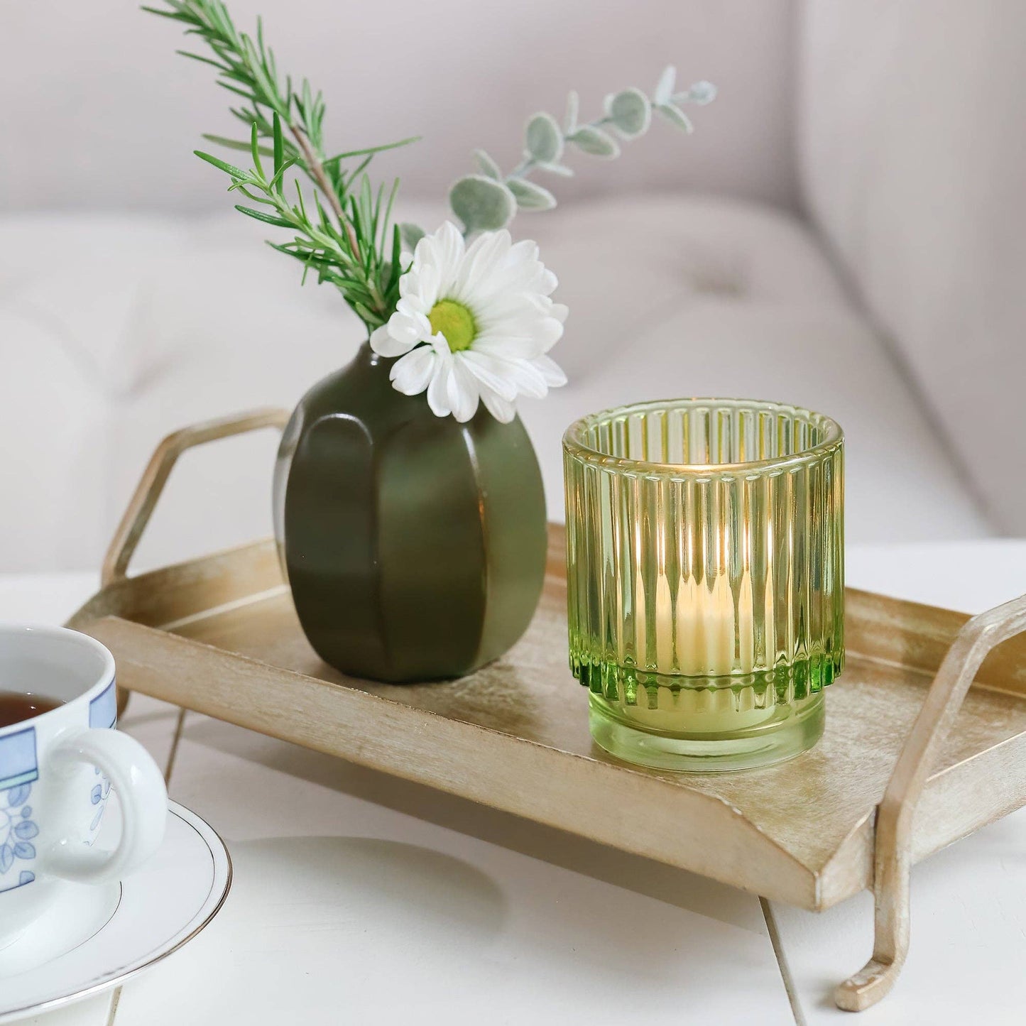 Ribbed Green Glass Votive Candle Holder