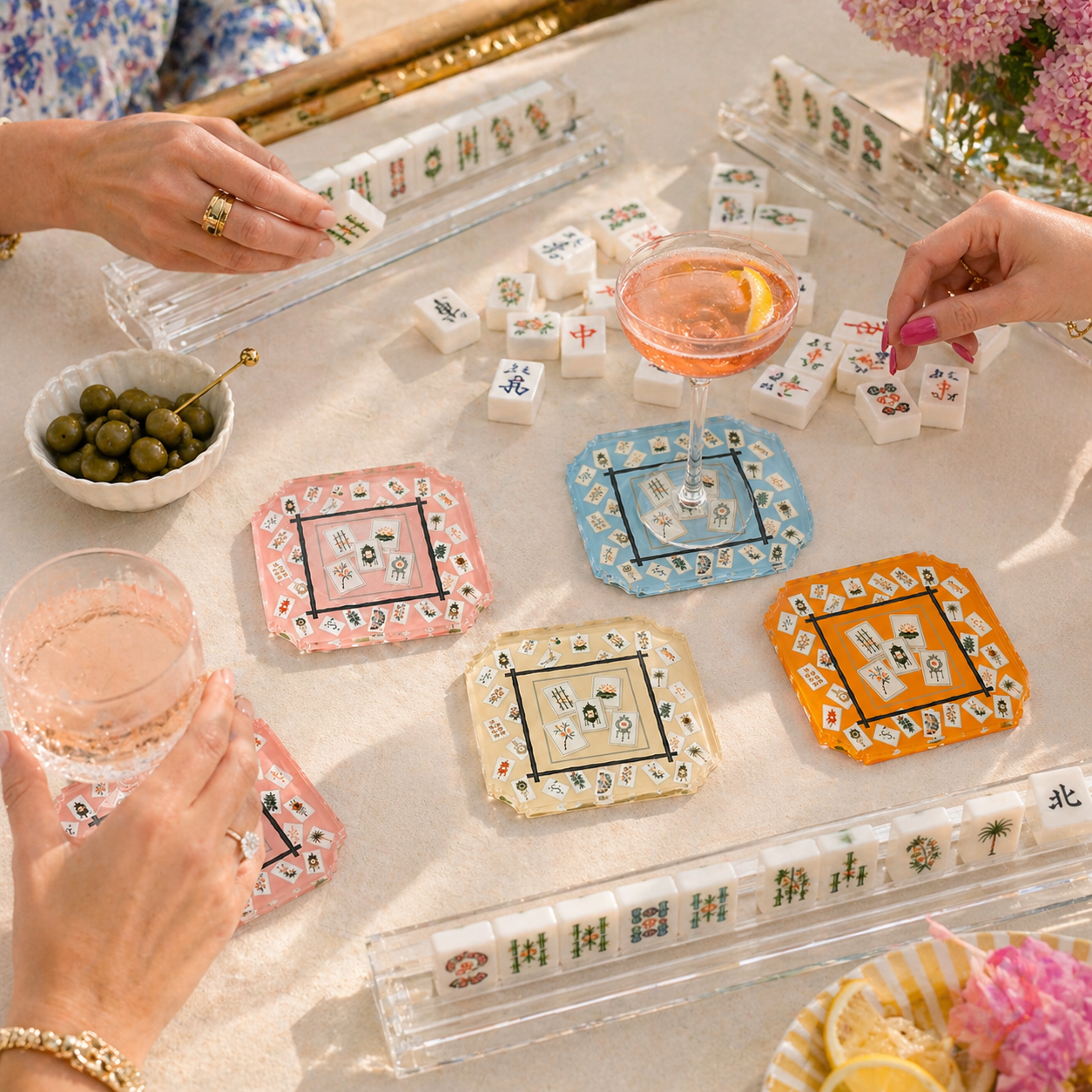 Boxed Acrylic Coaster Set of 4, Bamboo Mahjong