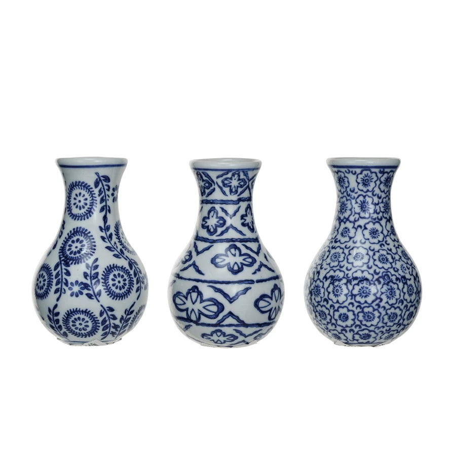Blue & White Hand Stamped 4" Vase, Asst.