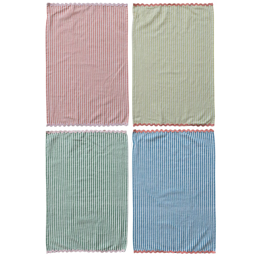 Woven Cotton Striped Tea Towel w/ Ric-Rac Trim