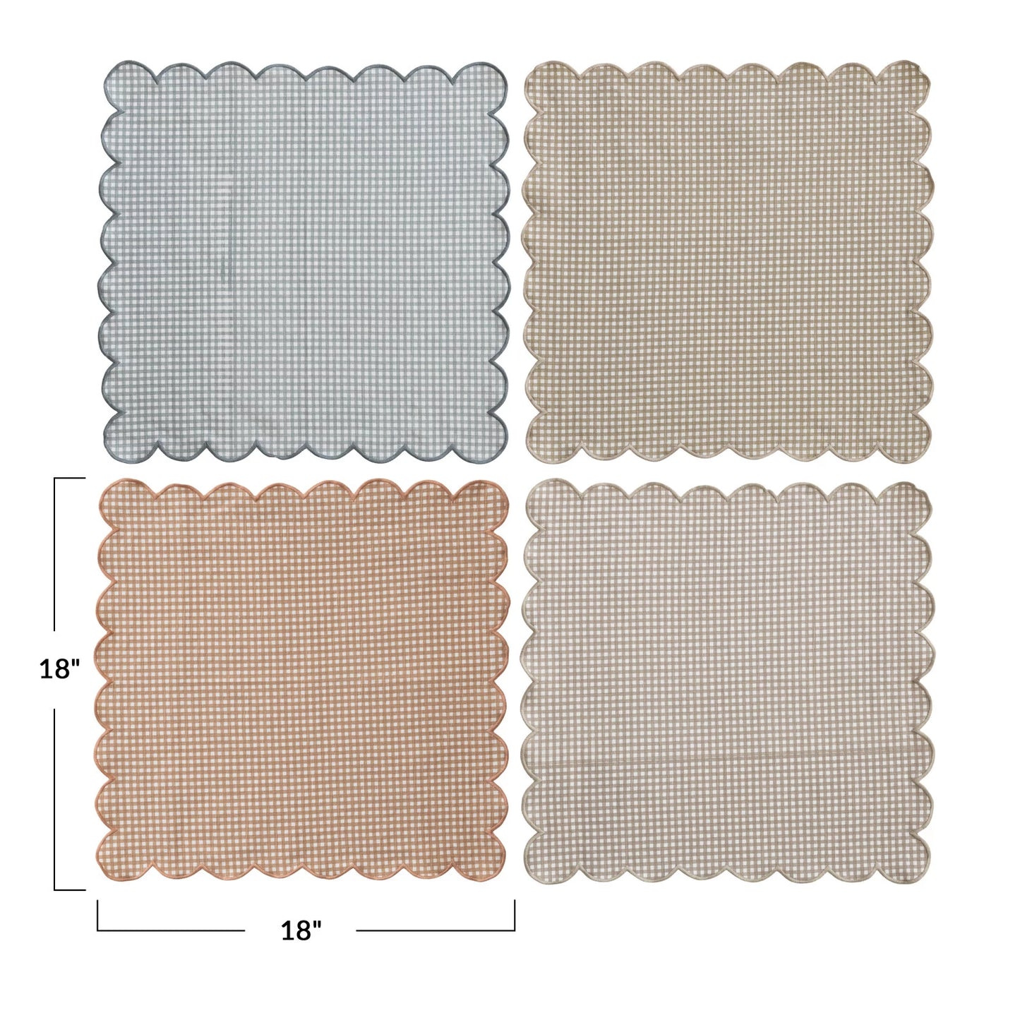 Cotton Printed Scalloped Napkins w/Check Pattern-S/4