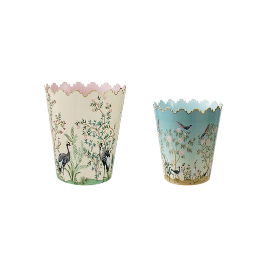 Metal Scalloped Buckets/Bins W Nature Scene