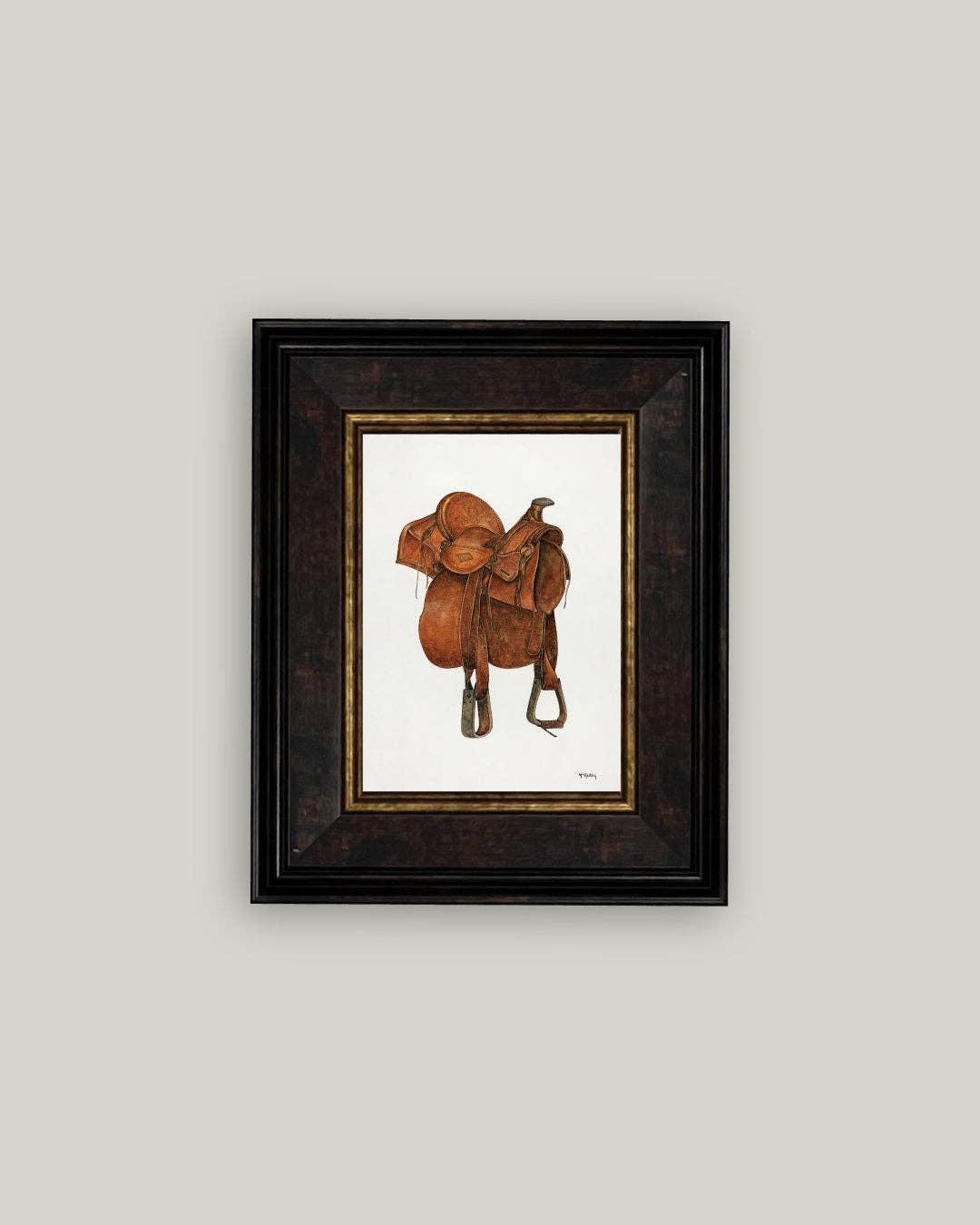 Leather Saddle Framed Antique Art: 7x9