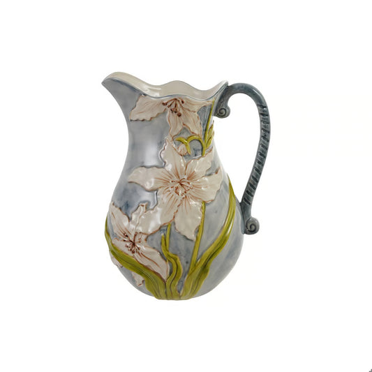Blue Stoneware Pitcher w/ Flowers