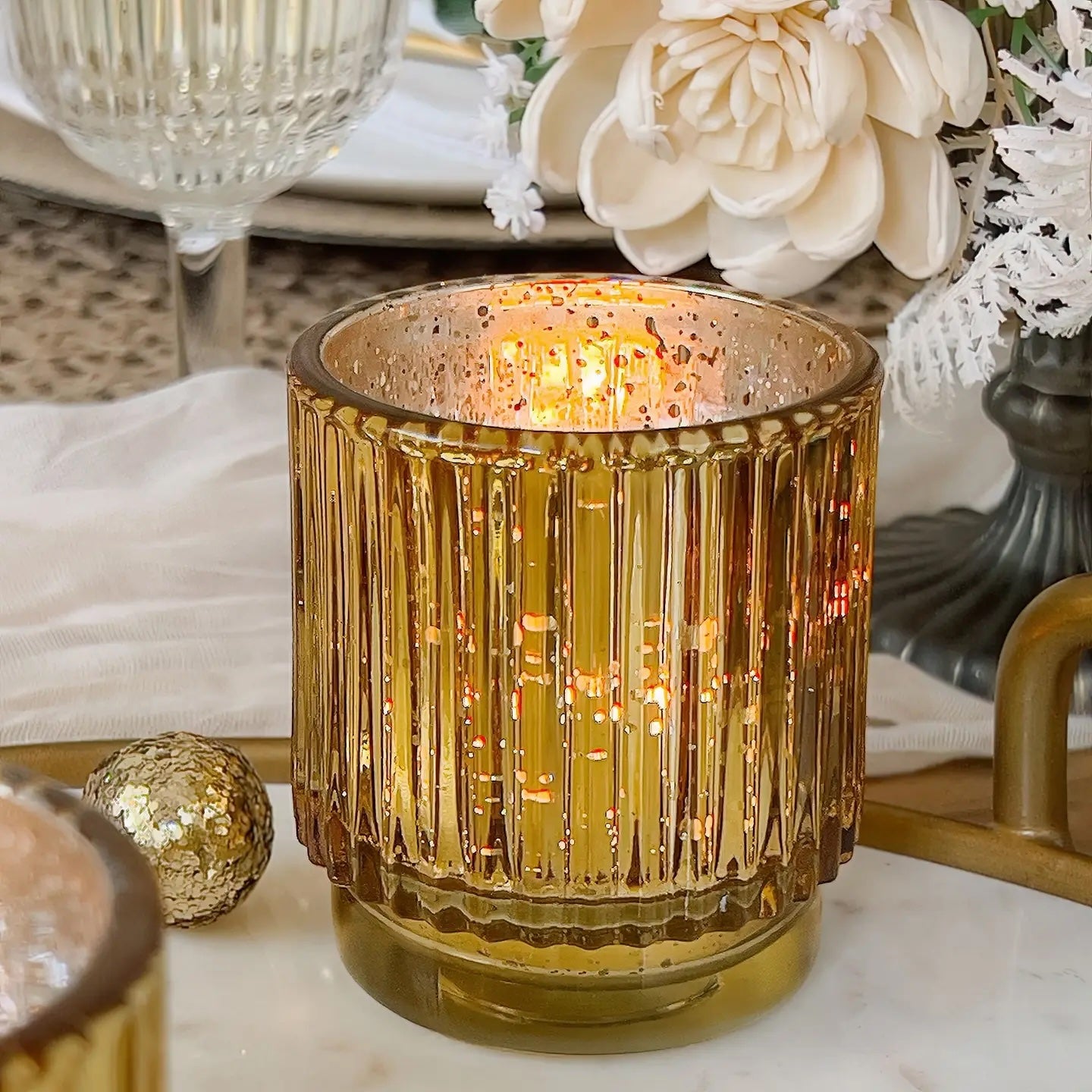 Ribbed Glass Votive Candle Holder, Gold