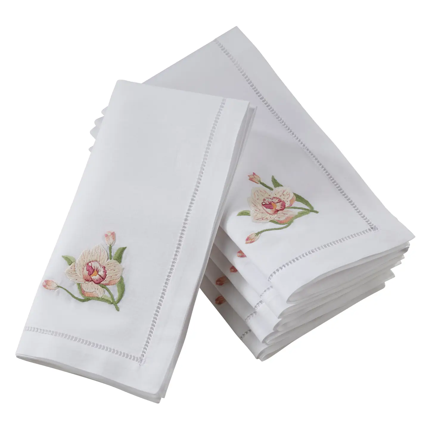 Embr'd Pink Orchid Hemstitch Napkin: 20", White, Set of 6