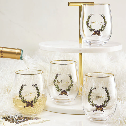Gold Foil Boxed Stemless Wine Glass Set - Merry Christmas