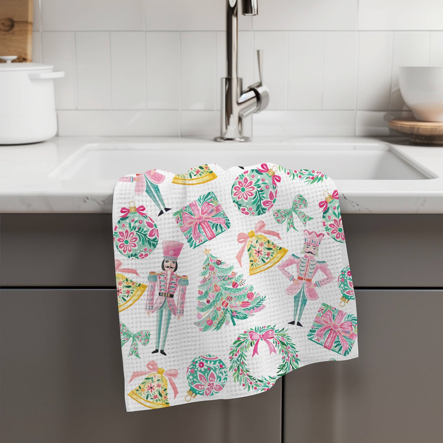 Nutcracker Pink Chinoiserie Christmas Kitchen Towel