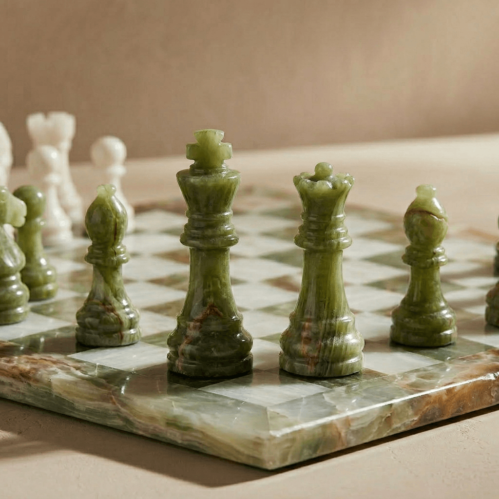 Marble & Onyx Chess Set w/ Velvet Storage Case
