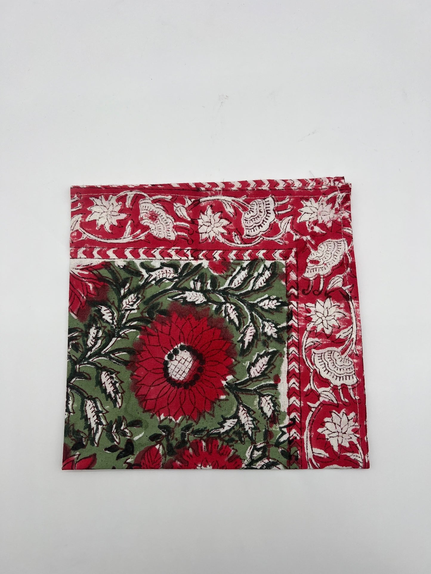 Red Flowers Green Back Napkin, Set of 4