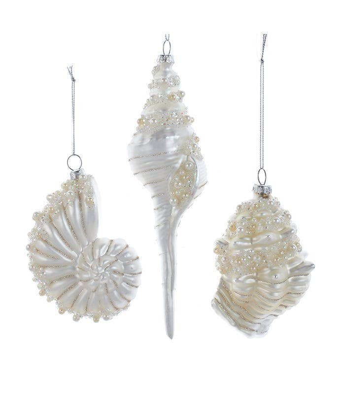 Glass White Shell w/ Pearls Glitter Ornament