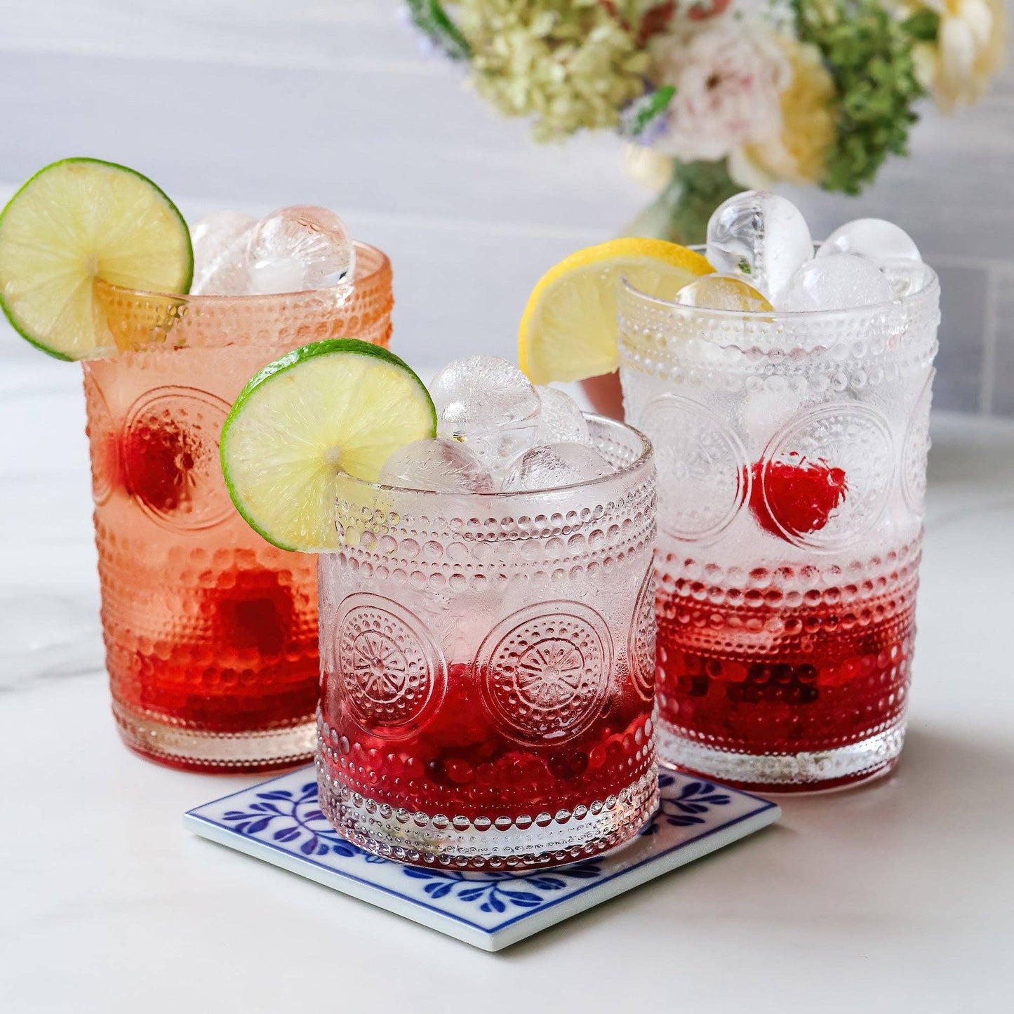 Hobnail Beaded Floral Clear Glasses, Set of 6