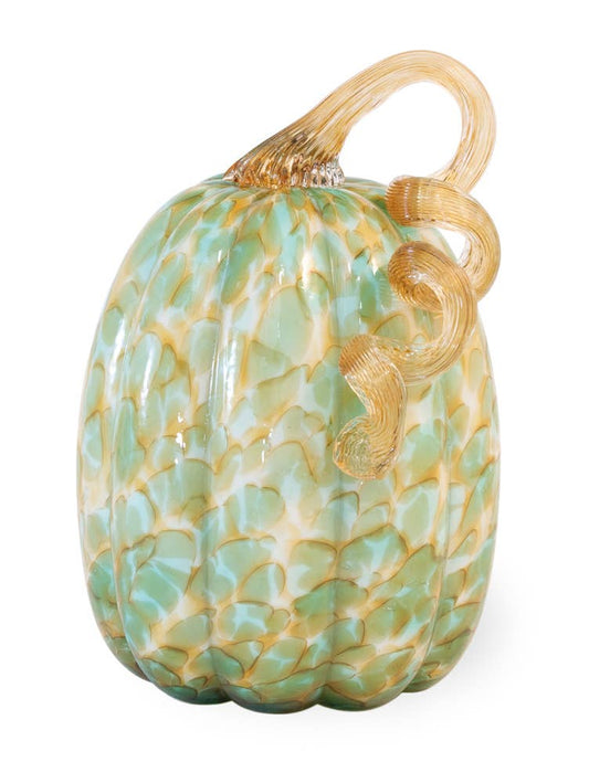 8.5" Tall Green & Gold Glass Pumpkin w/ Gold Stem