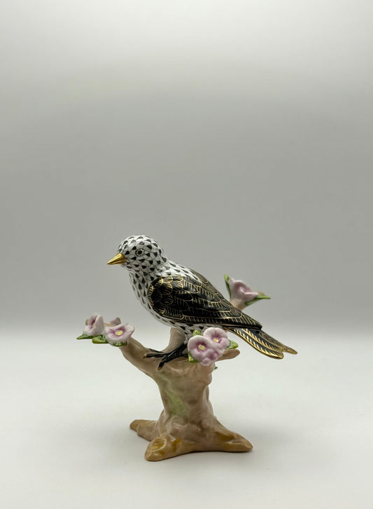 Bird on Branch with Flowers Black