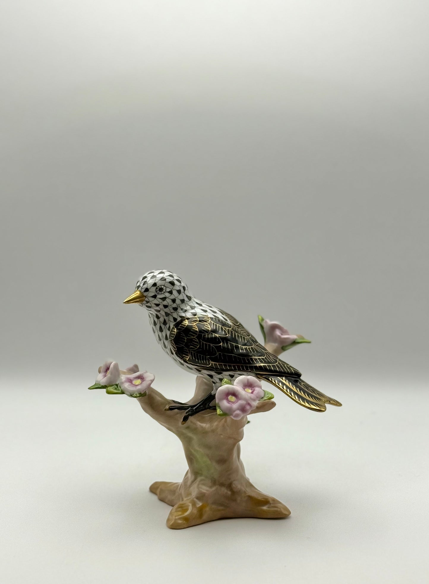 Bird on Branch with Flowers Black