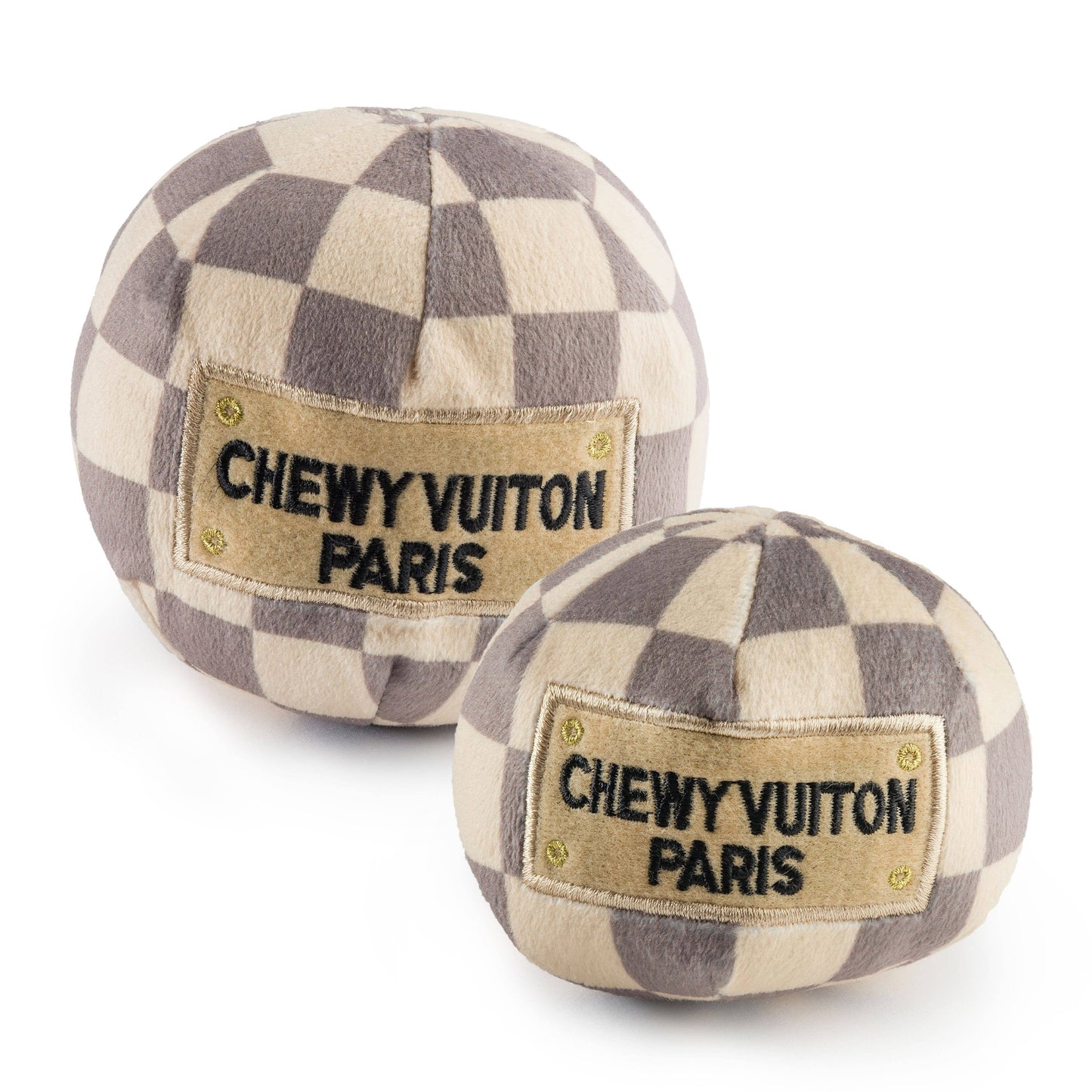 Tan Checker Chewy Vuiton Ball Squeaker Dog Toy: Small / Mini
