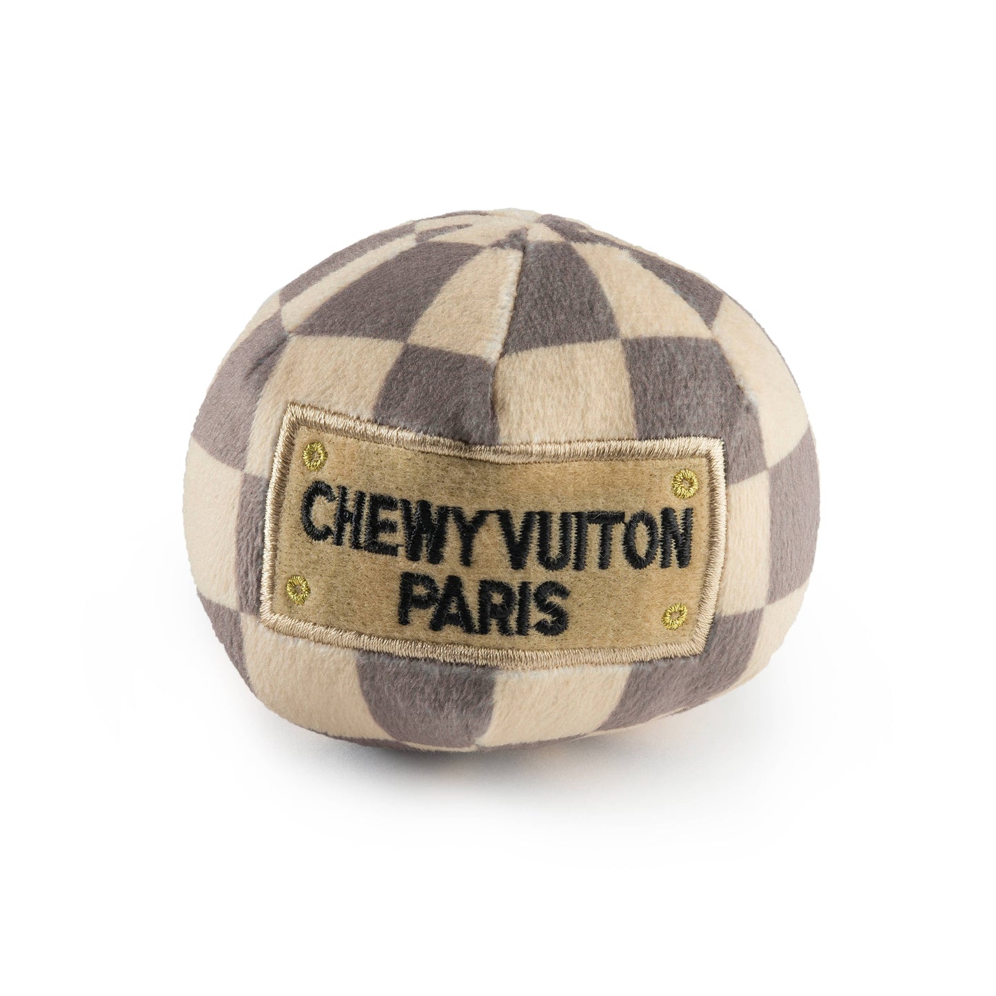 Tan Checker Chewy Vuiton Ball Squeaker Dog Toy: Small / Mini