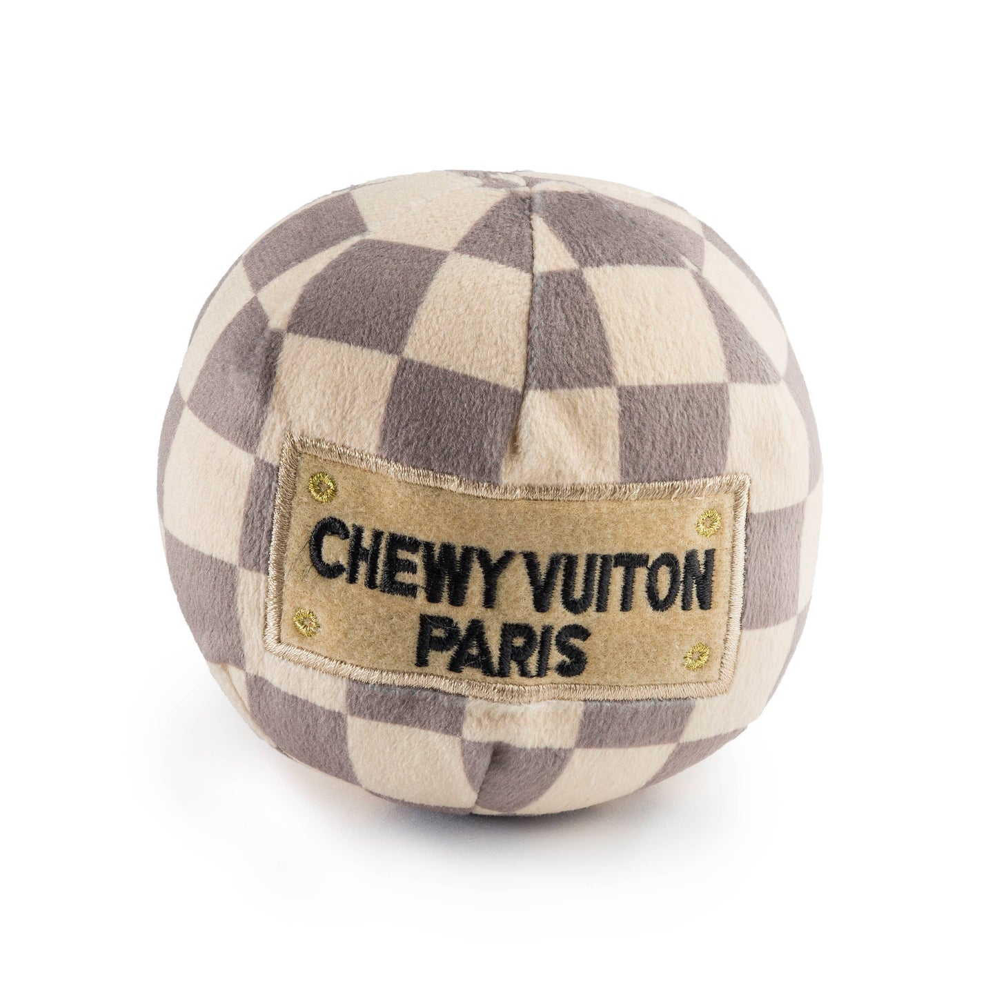 Tan Checker Chewy Vuiton Ball Squeaker Dog Toy: Small / Mini