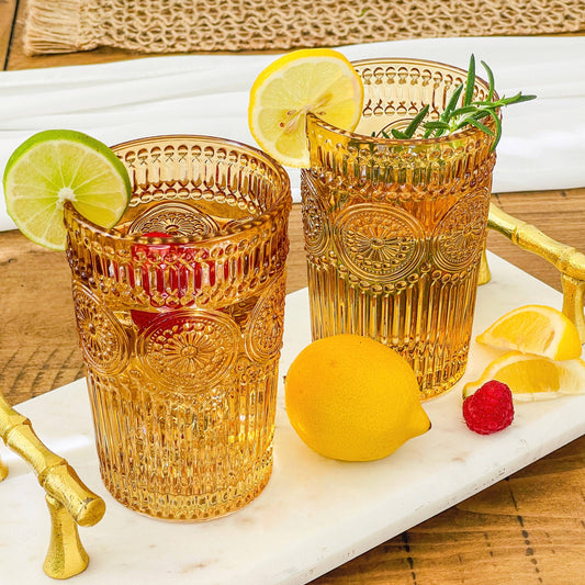 Vintage Textured Amber Drinking Glasses, Set of 6