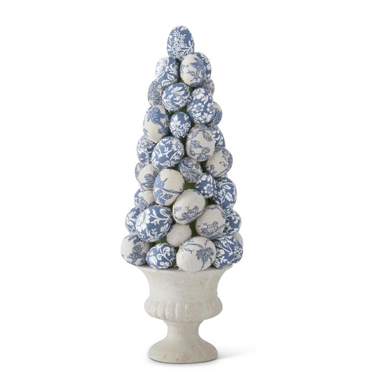 15" Blue & White Floral Fabric Egg Topiary