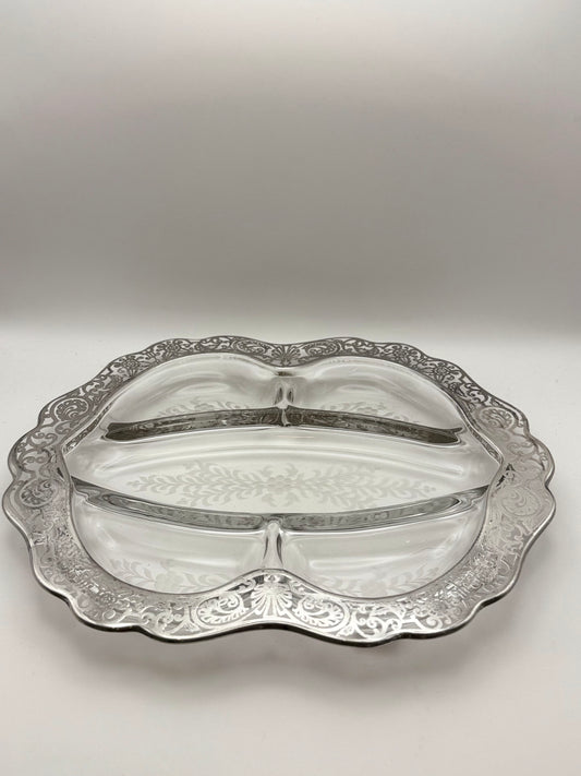 Vintage Sterling Overlay Divided Scalloped Dish