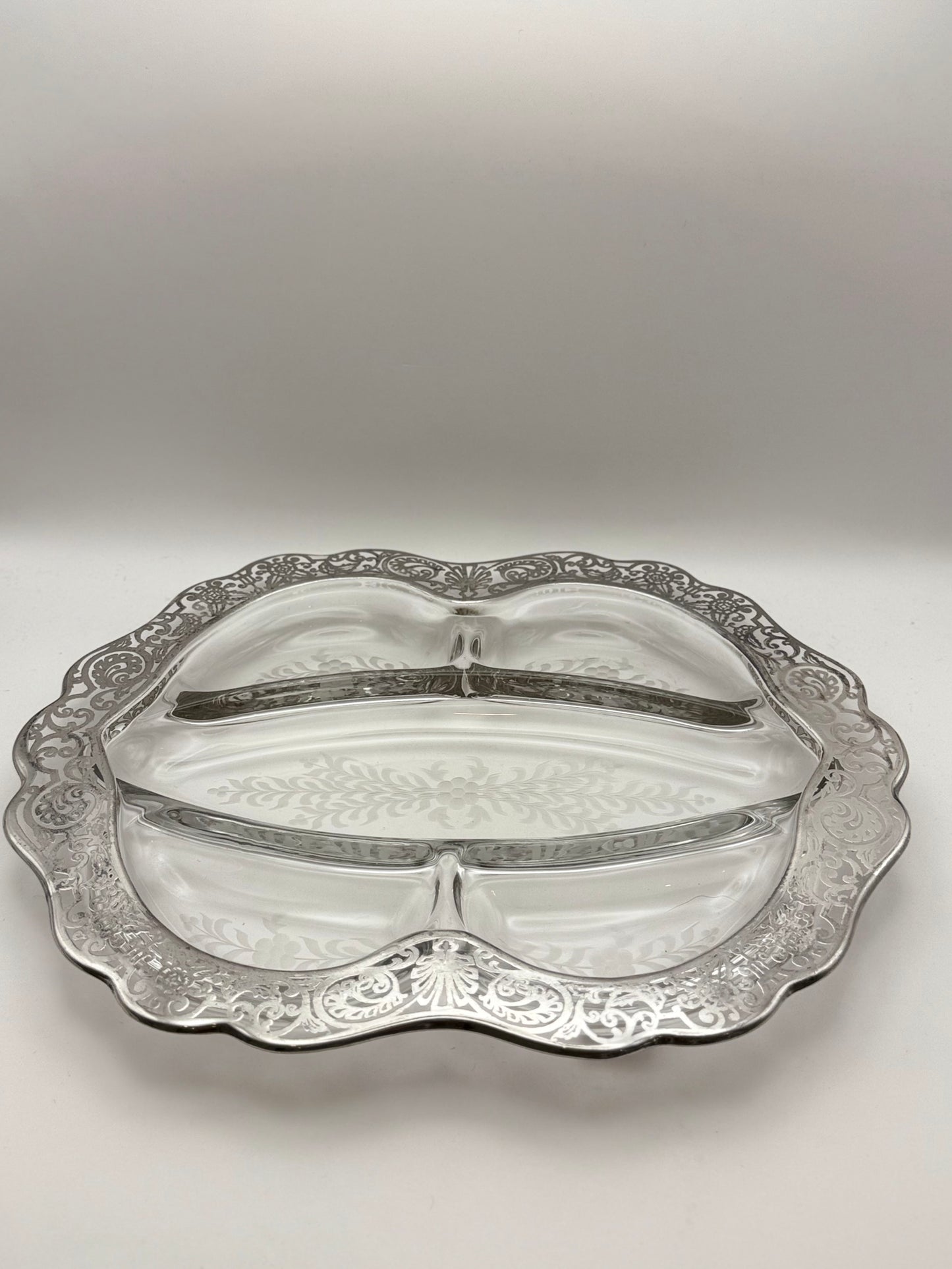 Vintage Sterling Overlay Divided Scalloped Dish