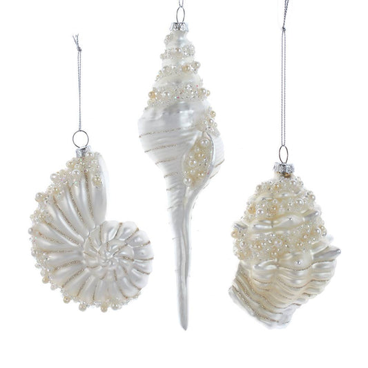 Glass White Shell w/ Pearls Glitter Ornament