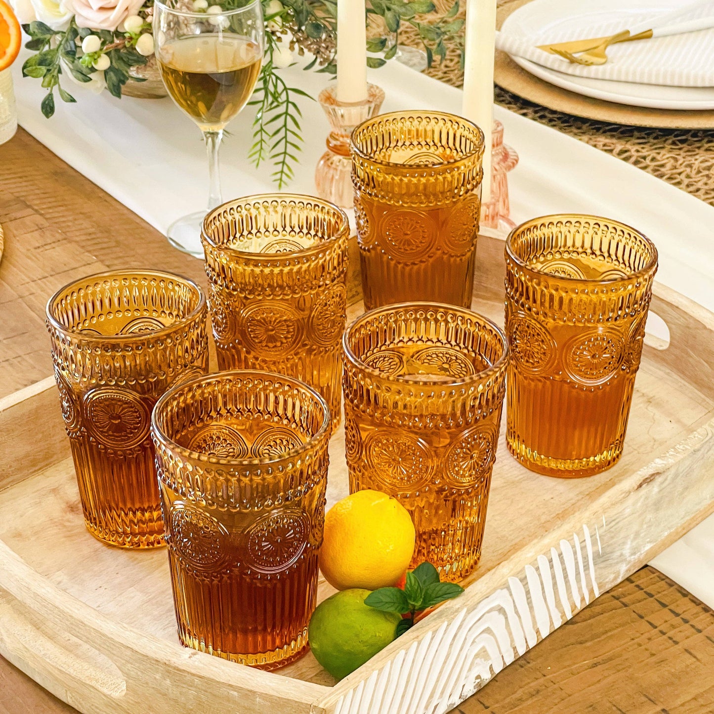 Vintage Textured Amber Drinking Glasses, Set of 6