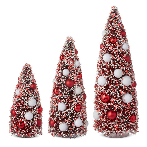 S/3 15" Red & White Bottle Brush Trees w/ Ornaments