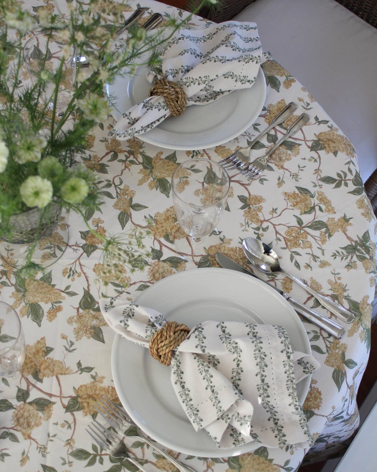 Begonia Stripe Fern Green Floral Napkins, Set of Four