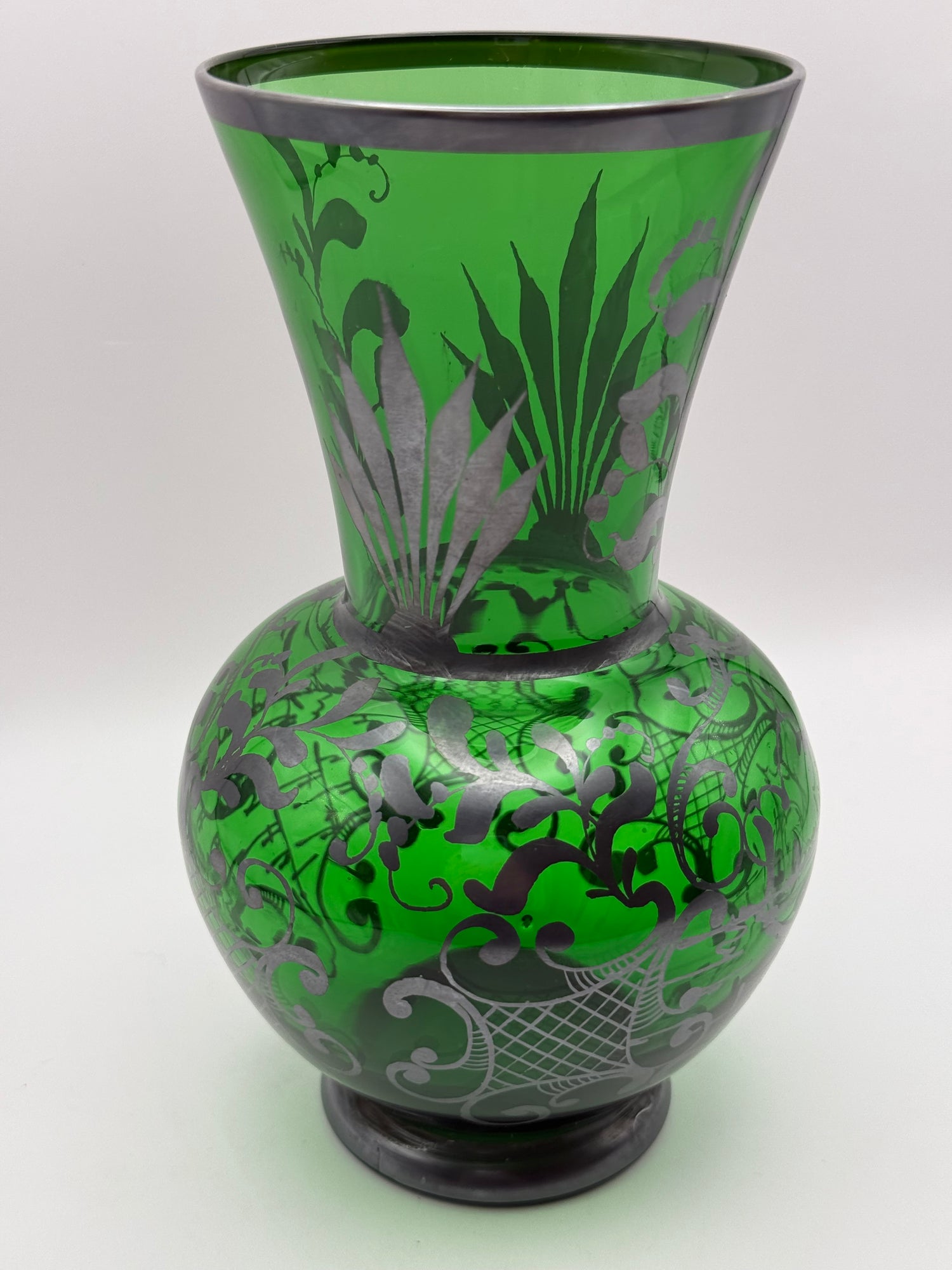 Green Glass Vase w/Painted Silver Overlay - Thumbnail 4
