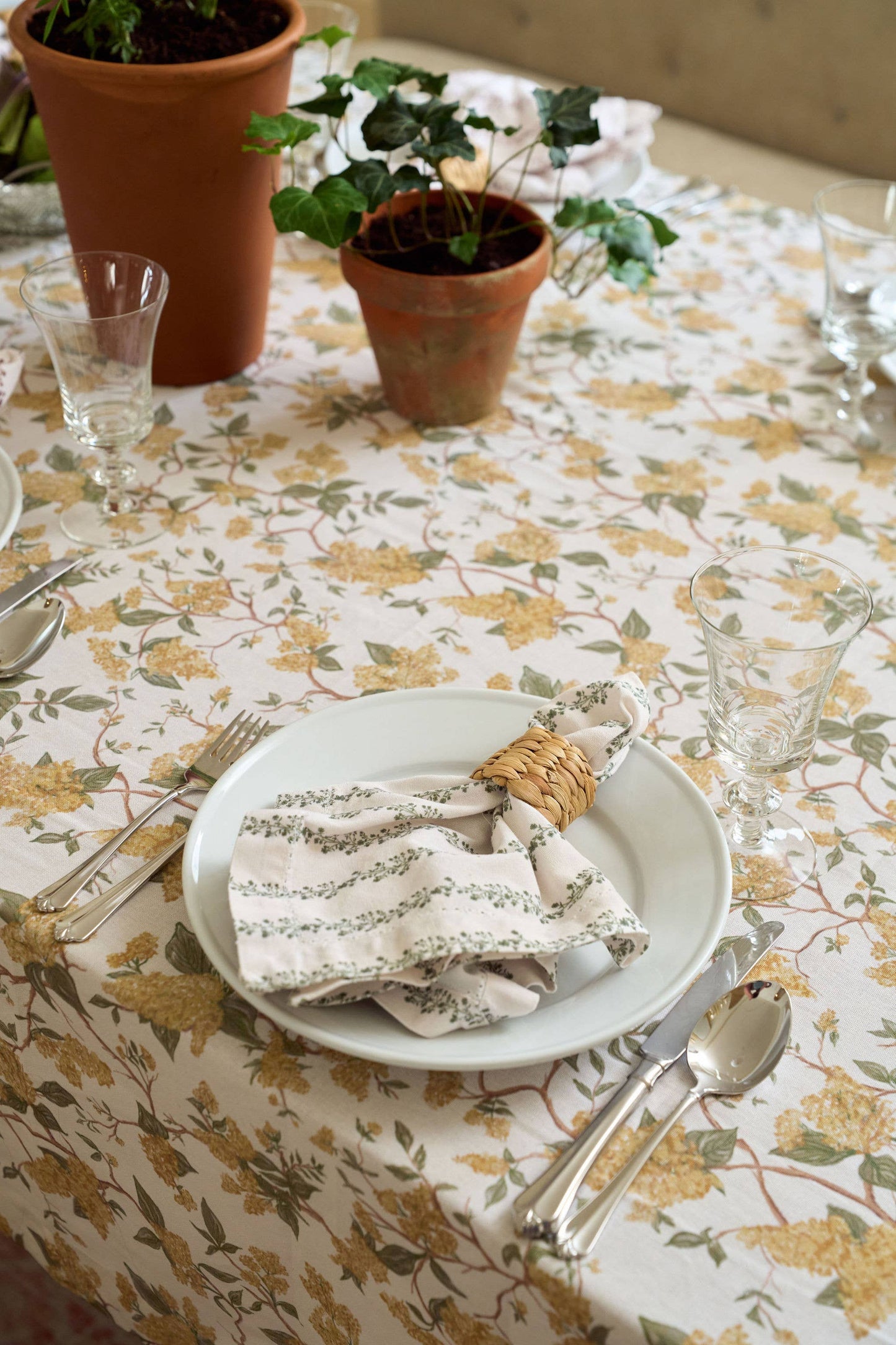 Begonia Stripe Fern Green Floral Napkins, Set of Four