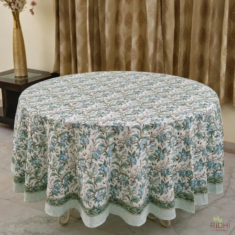 Sage Indian Hand Block Floral Printed Cotton Tablecloth: 120x120 INCH