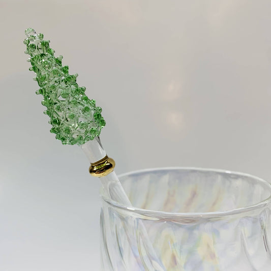 Green Pine Tree Blown Glass Cocktail Stirrer