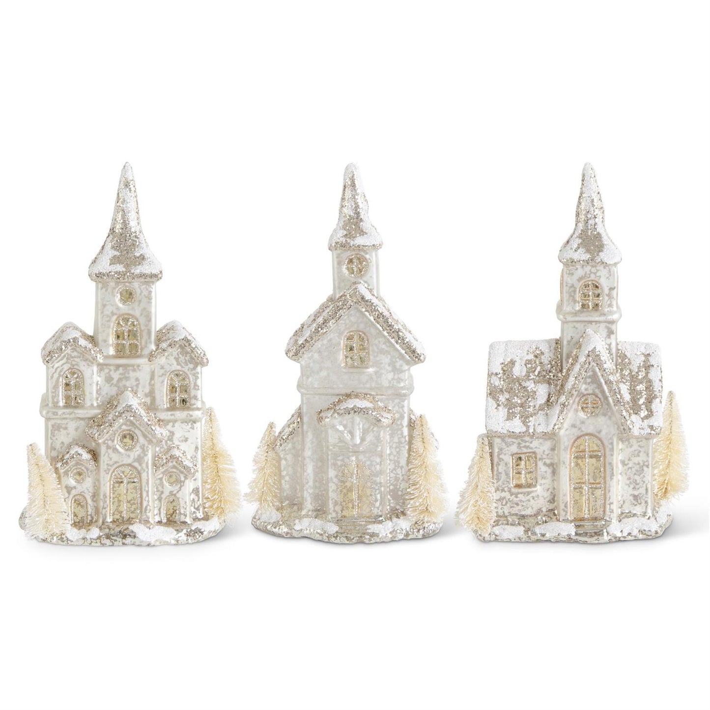 Set of 3 Glittered LED Silver Mercury Glass House