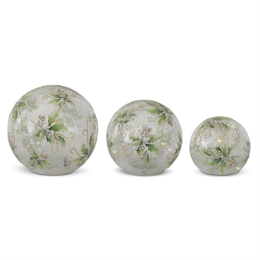Set of 3 Glass LED Glittered Gold Holly Globes