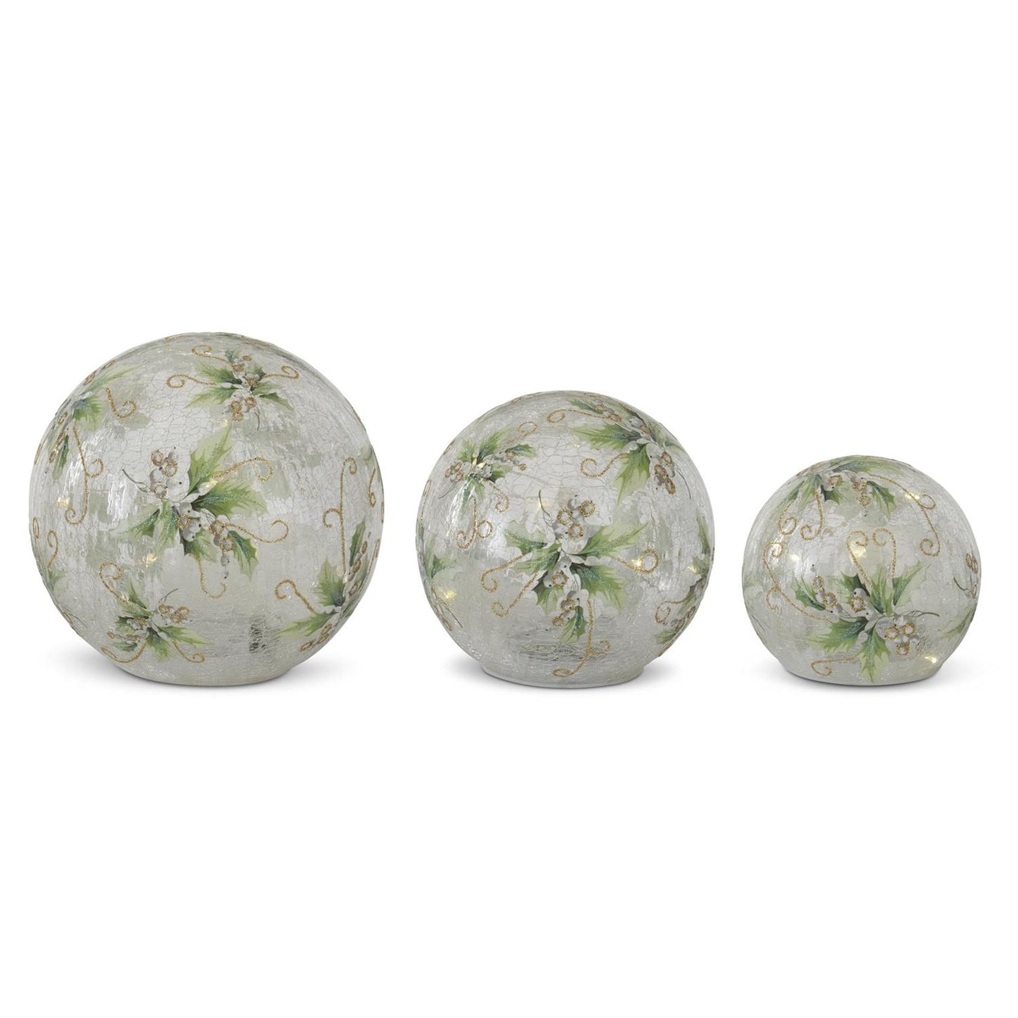Set of 3 Glass LED Glittered Gold Holly Globes