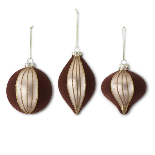 Seed Bead & Brown Velvet Striped Glass Ornament