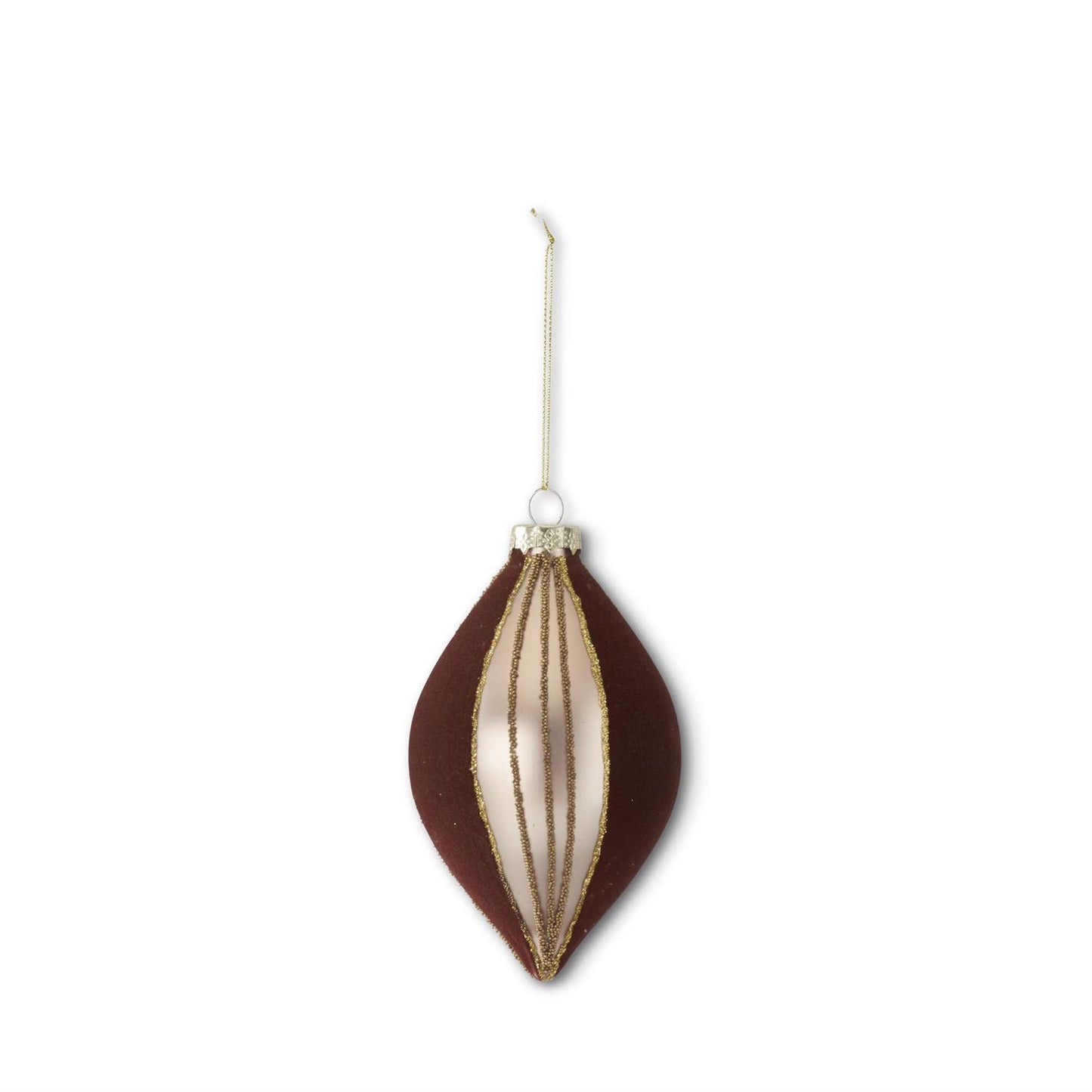 Seed Bead & Brown Velvet Striped Glass Ornament