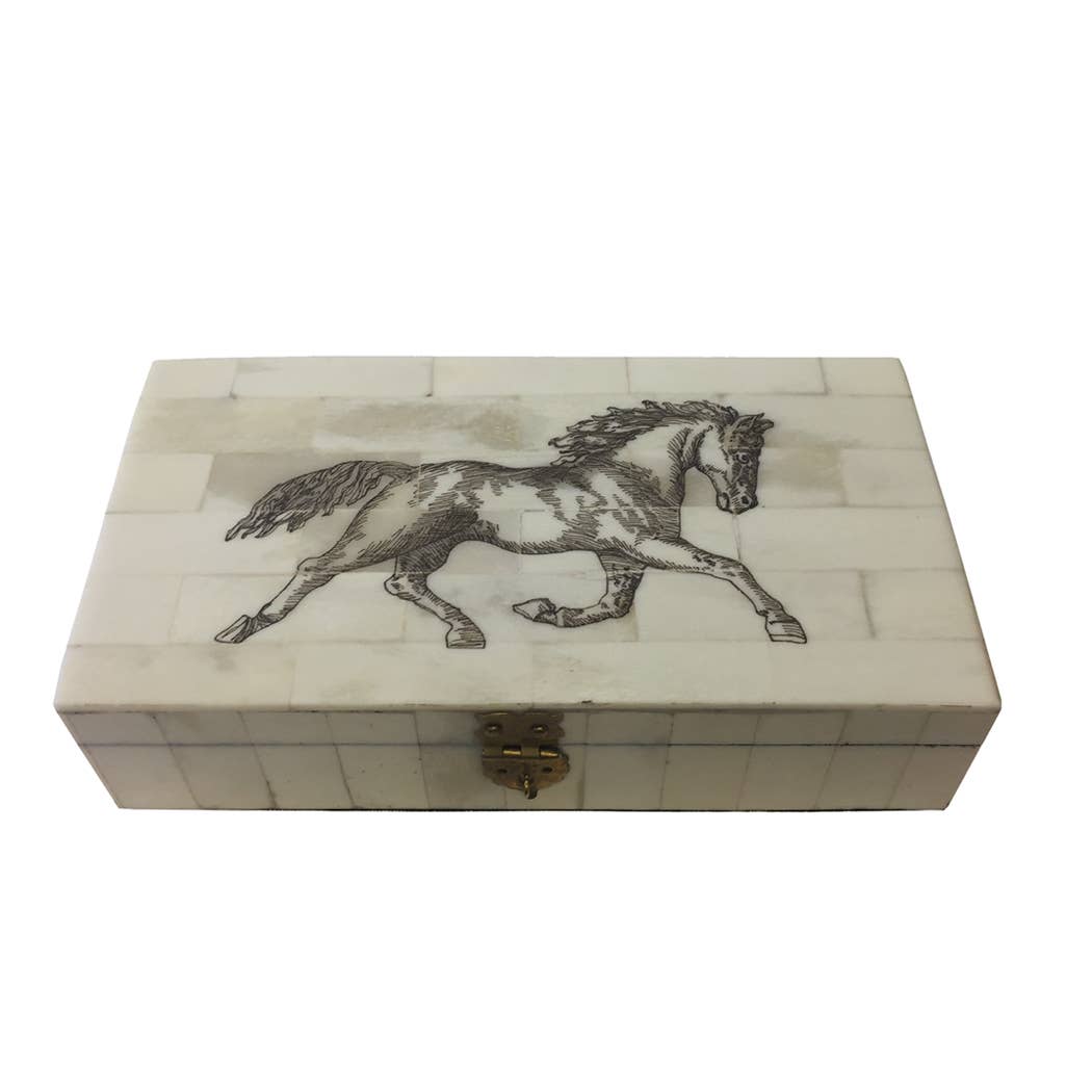 6-1/4" Horse Equestrian Engraved Bone Box