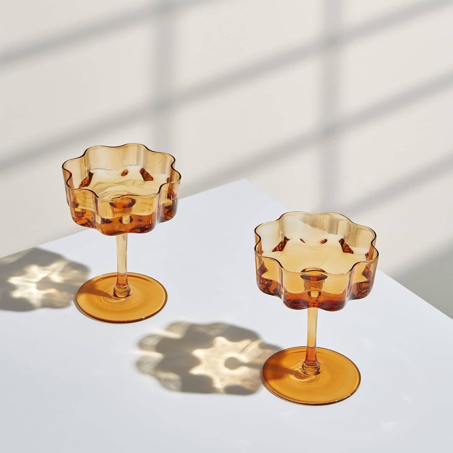 Flower Wave Coupe Glass | S/2 | Amber