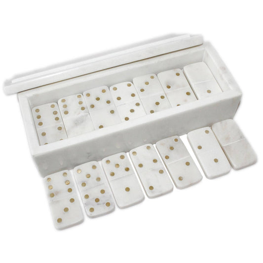 White Marble Dominoes Set W/Brass Dots Inlay