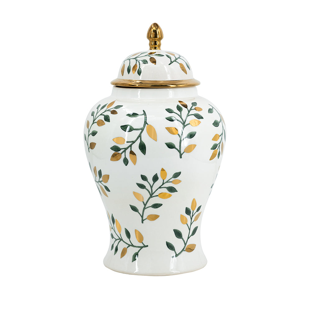 White Ginger Jar w/ Green & Gold Motifs