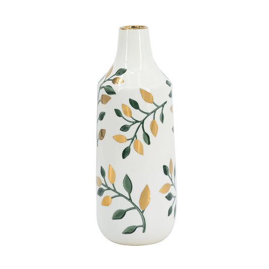 12" White Vase w/ Green & Gold Motifs