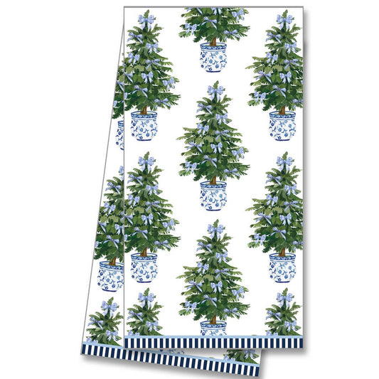 WH Hostess Tea Towel Blue Bows Christmas Trees