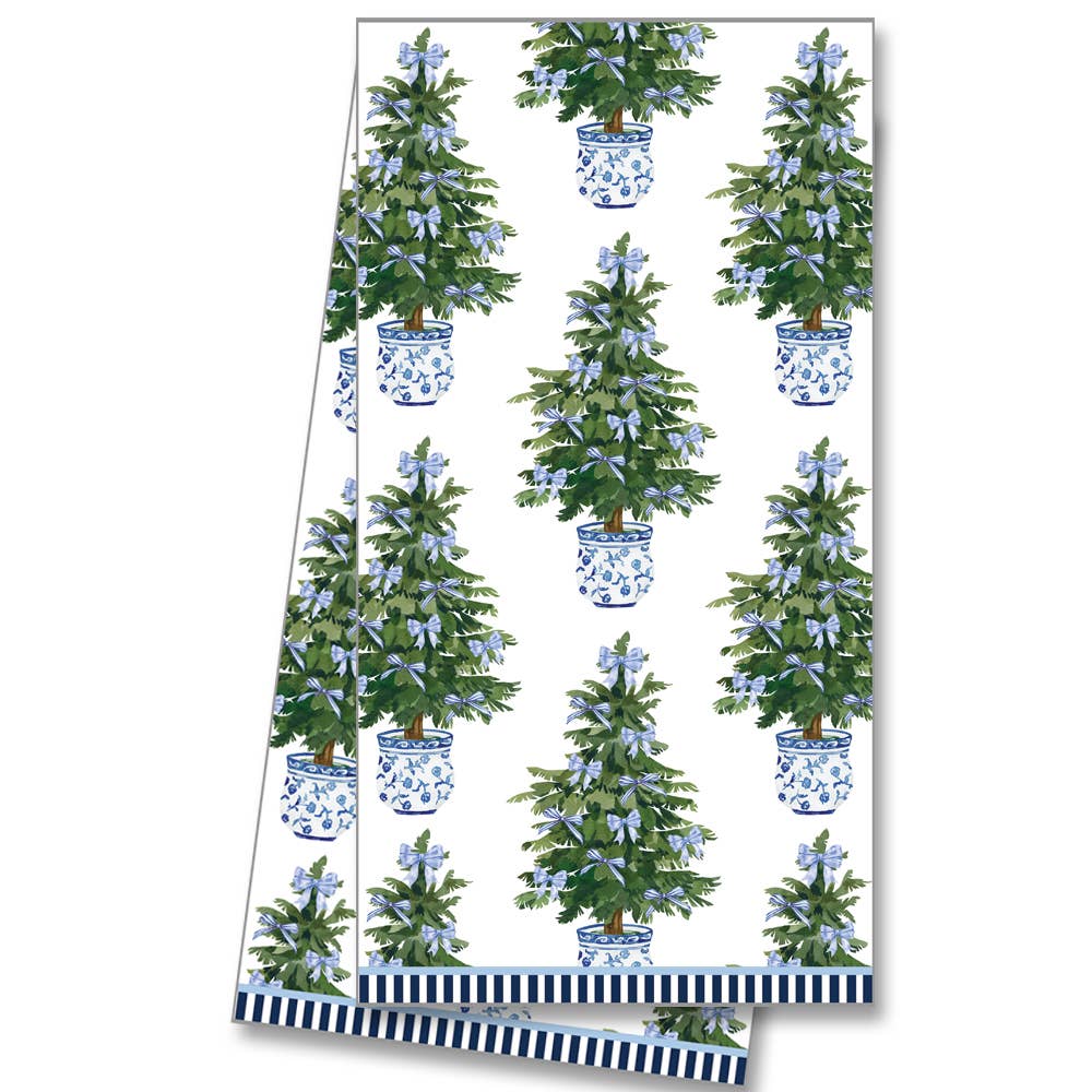 WH Hostess Tea Towel Blue Bows Christmas Trees