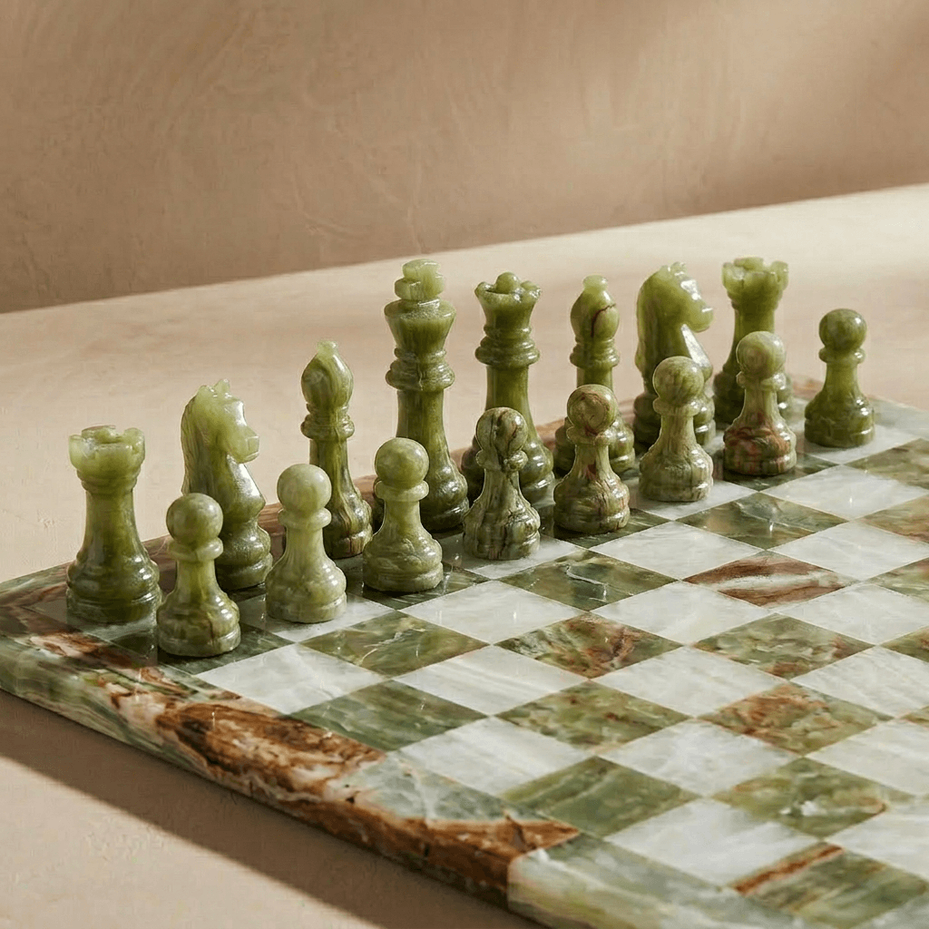 Marble & Onyx Chess Set w/ Velvet Storage Case