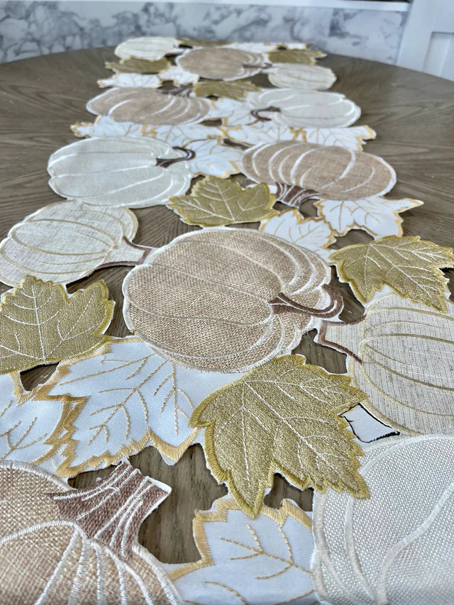 Pumpkin & Fall Leaves Table Runner-Cream 13" x 70"