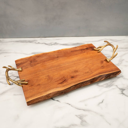 Wood Tray w/ Gold Antler Handles